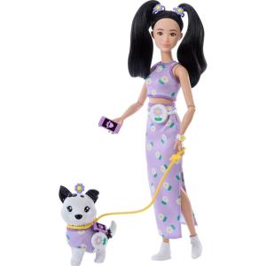 imageBarbie Twinning Looks Doll with Pet Dog in Matching Red Striped Clothes and Accessories for Both like Sunglasses and Headbands Wavy Black HairWhite Flowers