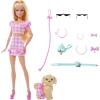 imageBarbie Twinning Looks Doll with Pet Dog in Matching Red Striped Clothes and Accessories for Both like Sunglasses and Headbands Wavy Black HairPink Gingham