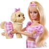 imageBarbie Twinning Looks Doll with Pet Dog in Matching Red Striped Clothes and Accessories for Both like Sunglasses and Headbands Wavy Black HairPink Gingham