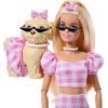 imageBarbie Twinning Looks Doll with Pet Dog in Matching Red Striped Clothes and Accessories for Both like Sunglasses and Headbands Wavy Black HairPink Gingham