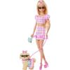 imageBarbie Twinning Looks Doll with Pet Dog in Matching Red Striped Clothes and Accessories for Both like Sunglasses and Headbands Wavy Black HairPink Gingham