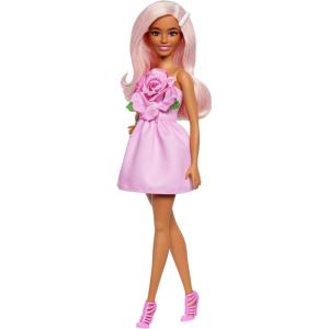 imageBarbie Fashionistas Doll 238 with Pastel Pink Hair Wearing Strapless Dress with Rose Bodice Pearly Barrette Accessory and Strappy Pink Heels