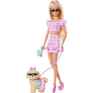 imageBarbie Twinning Looks Doll with Pet Dog in Matching Red Striped Clothes and Accessories for Both like Sunglasses and Headbands Wavy Black HairPink Gingham
