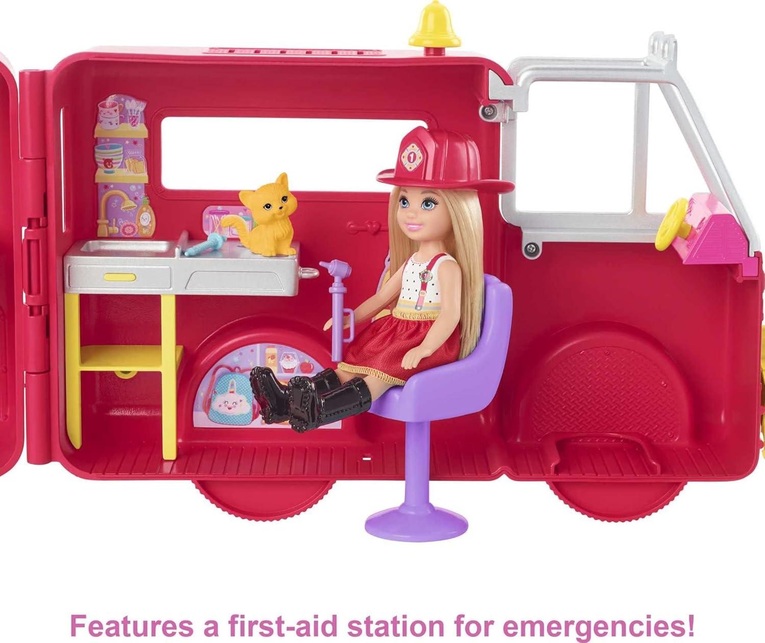 imageBarbie Chelsea Can Be Doll ampamp Toy Fire Truck Playset with Blonde Small Doll 2 Pets ampamp 15 Acessories Open for Fire StationSingle