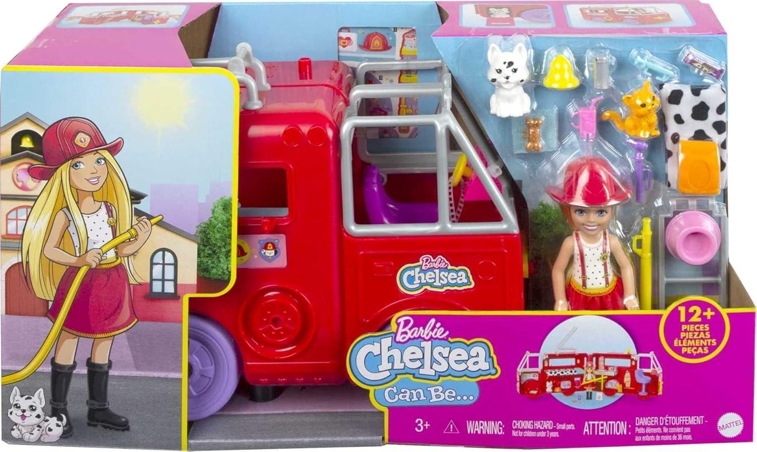 imageBarbie Chelsea Can Be Doll ampamp Toy Fire Truck Playset with Blonde Small Doll 2 Pets ampamp 15 Acessories Open for Fire StationSingle
