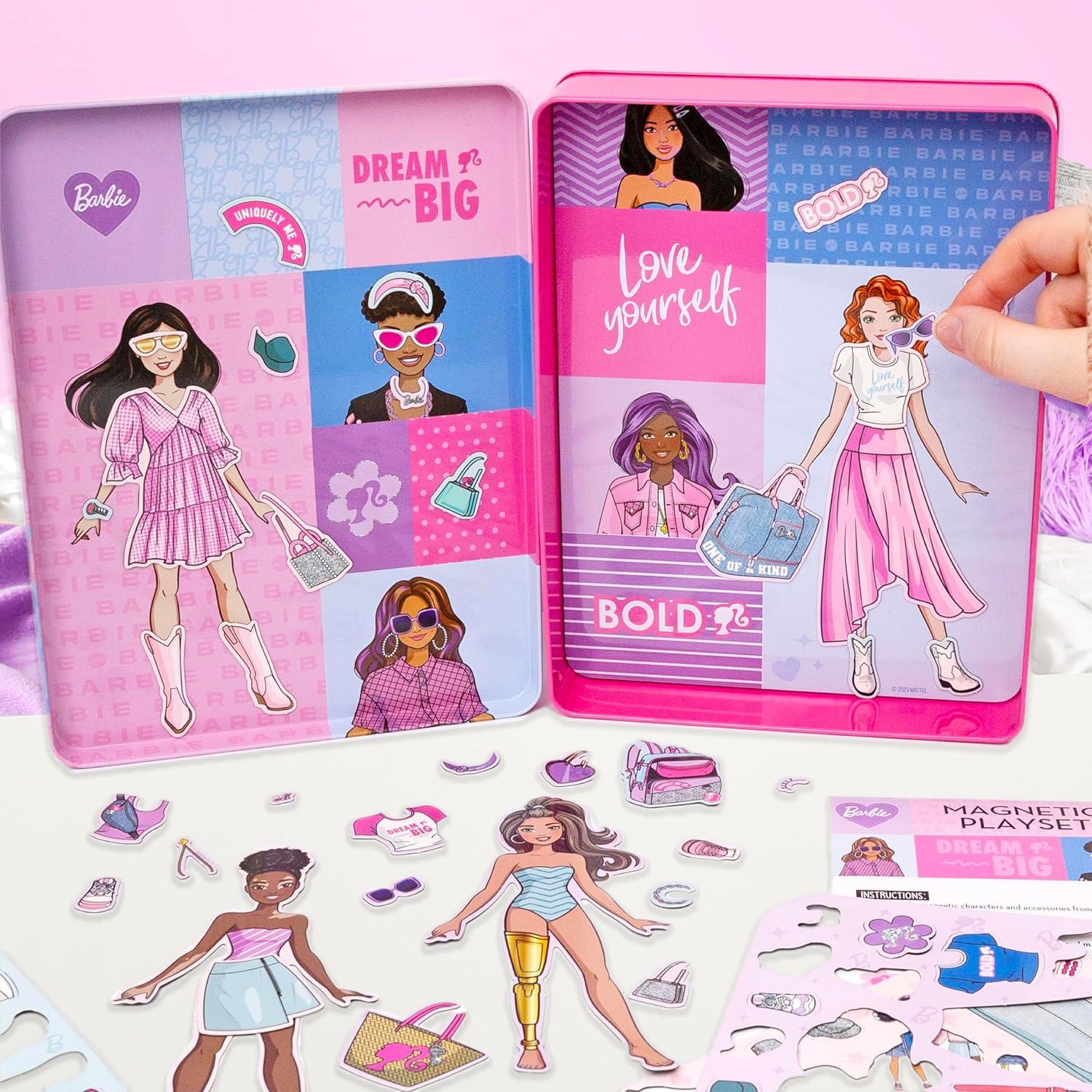 imageBarbie DIY Magnetic Play Set 75 Pieces 3 Magnetic Dolls Crafts for Kids Ages 48 4 Year Old Girl Birthday Gifts Girl Toys Cute Travel Toy Fun Airplane Activities Pretend Play for GirlsBarbie