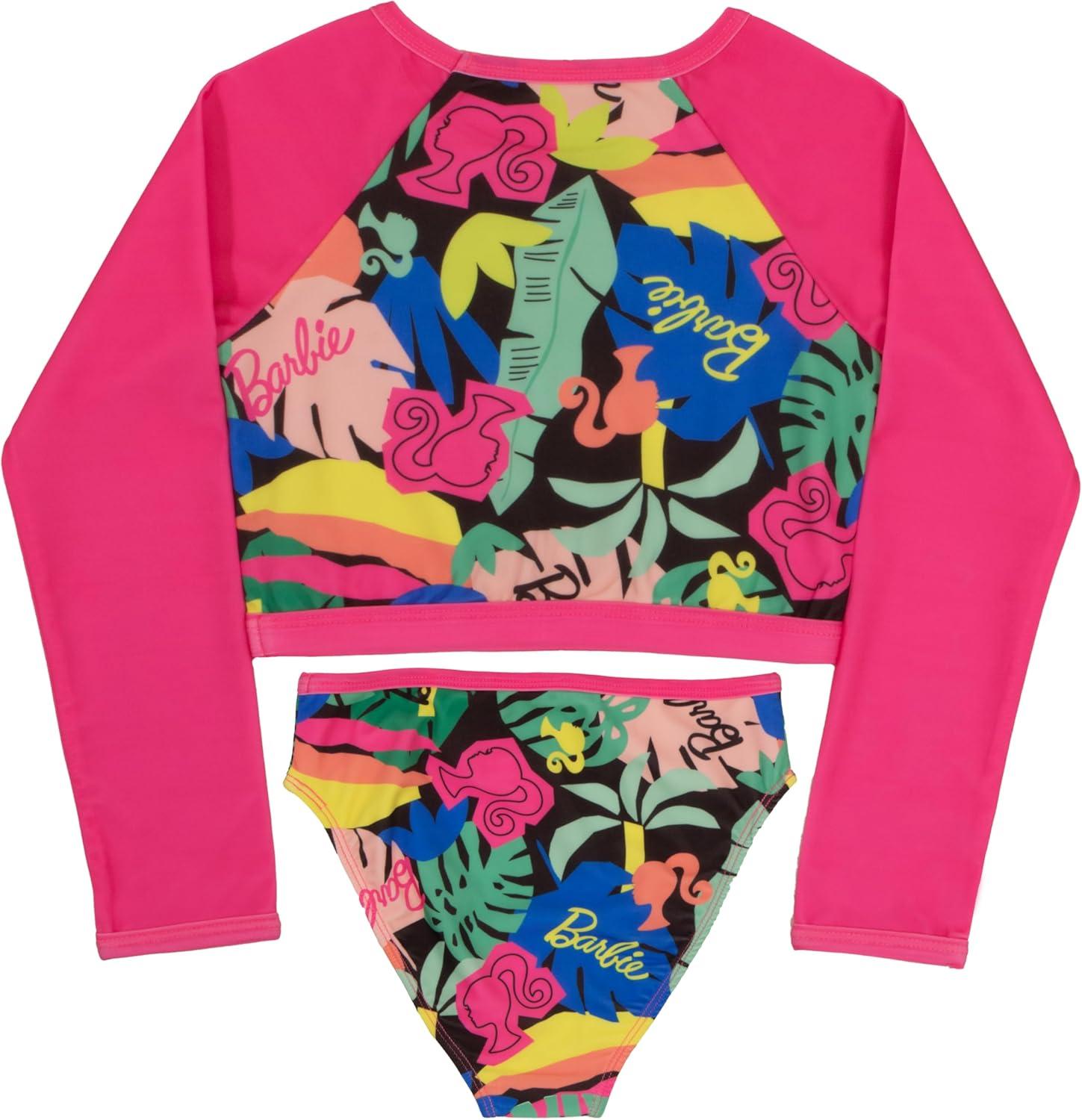 imageBarbie Girls 2Piece Swimsuit Set Cropped LongSleeved Rash Guard and Bikini Bottoms QuickDrying Swimwear for KidsPink Floral