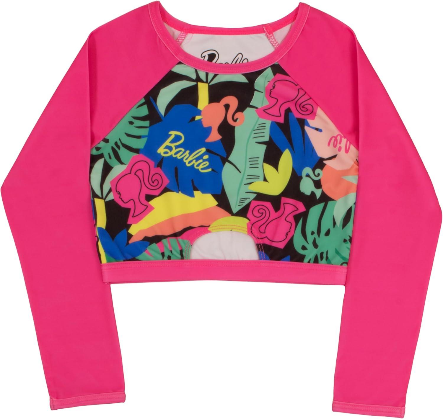 imageBarbie Girls 2Piece Swimsuit Set Cropped LongSleeved Rash Guard and Bikini Bottoms QuickDrying Swimwear for KidsPink Floral