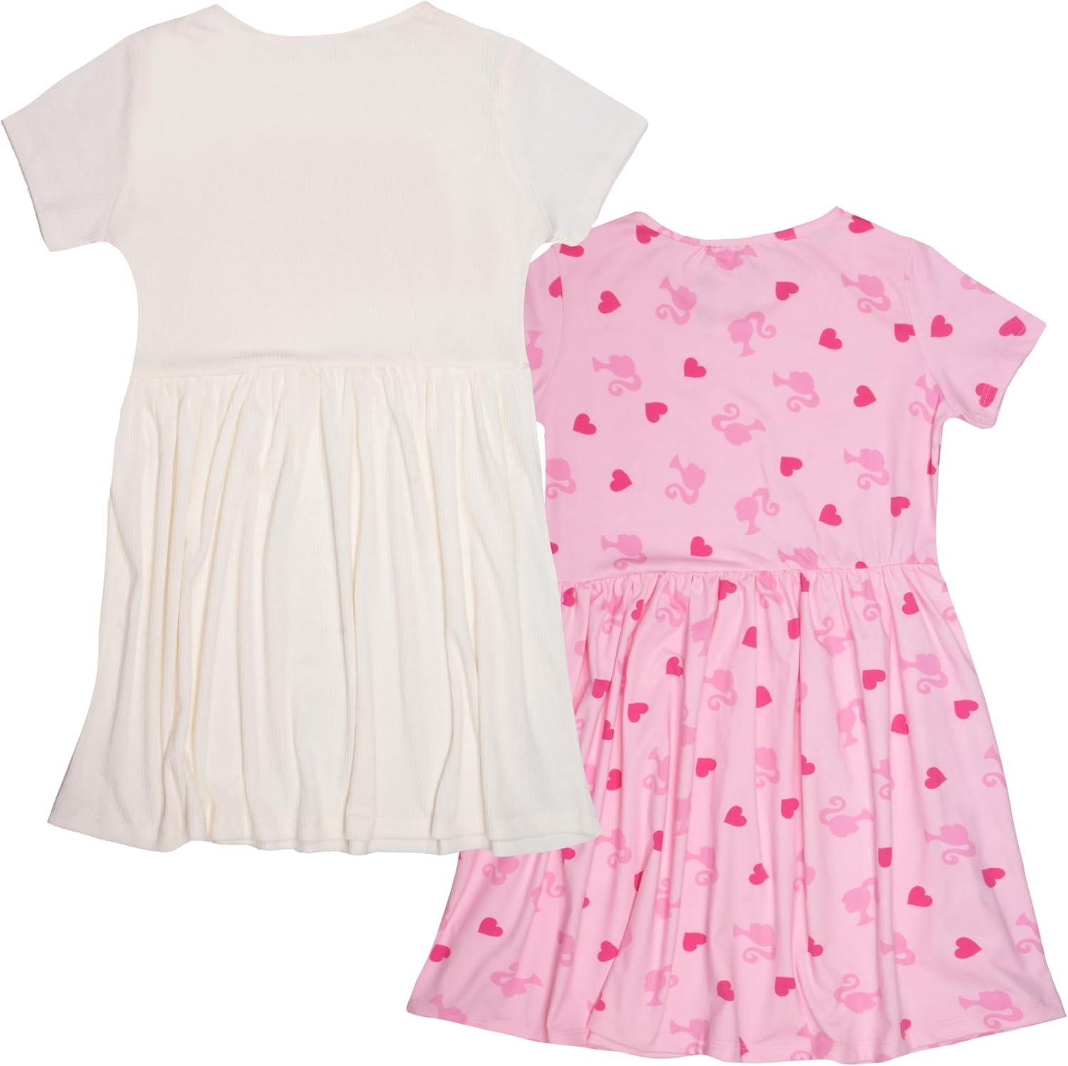 imageBarbie Girls Casual Stretch Dress 2Pack Graphic Print Logo  Set of Short Sleeve Summer Dresses for KidsCreamLight Pink