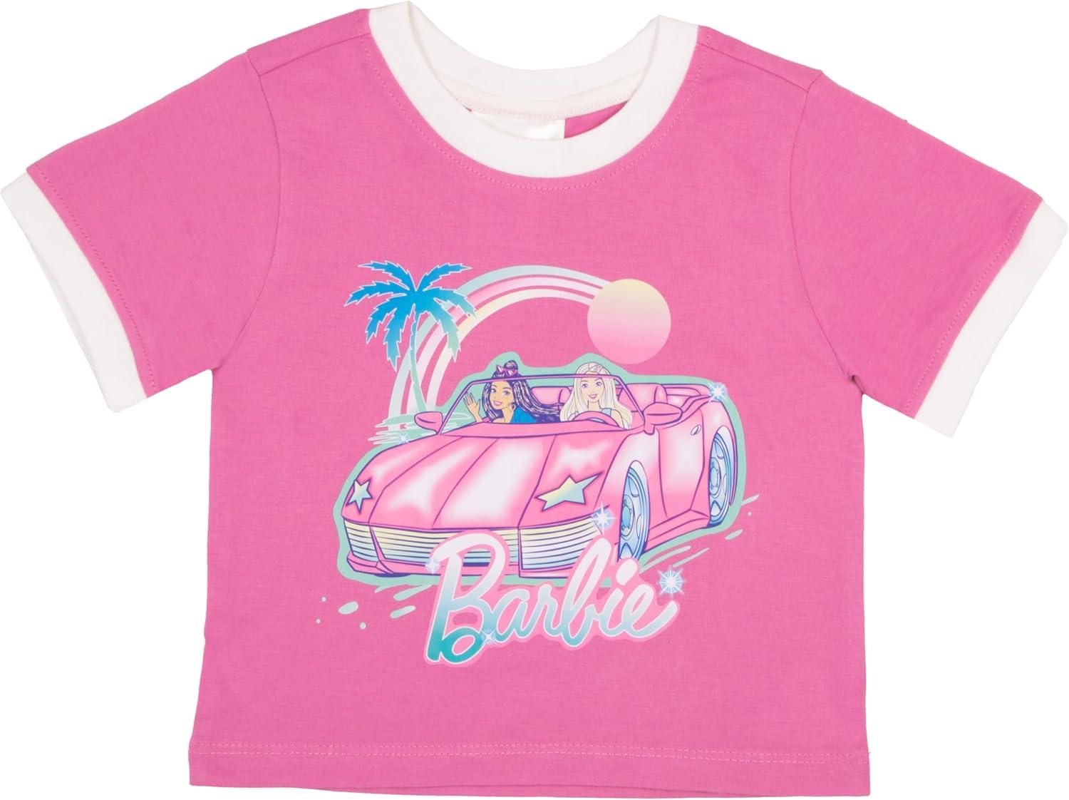 imageBarbie Girls Crewneck TShirt and Denim Short Overalls 2Piece Set Pink Convertible Tee and Jean Shortalls for KidsPink and Blue