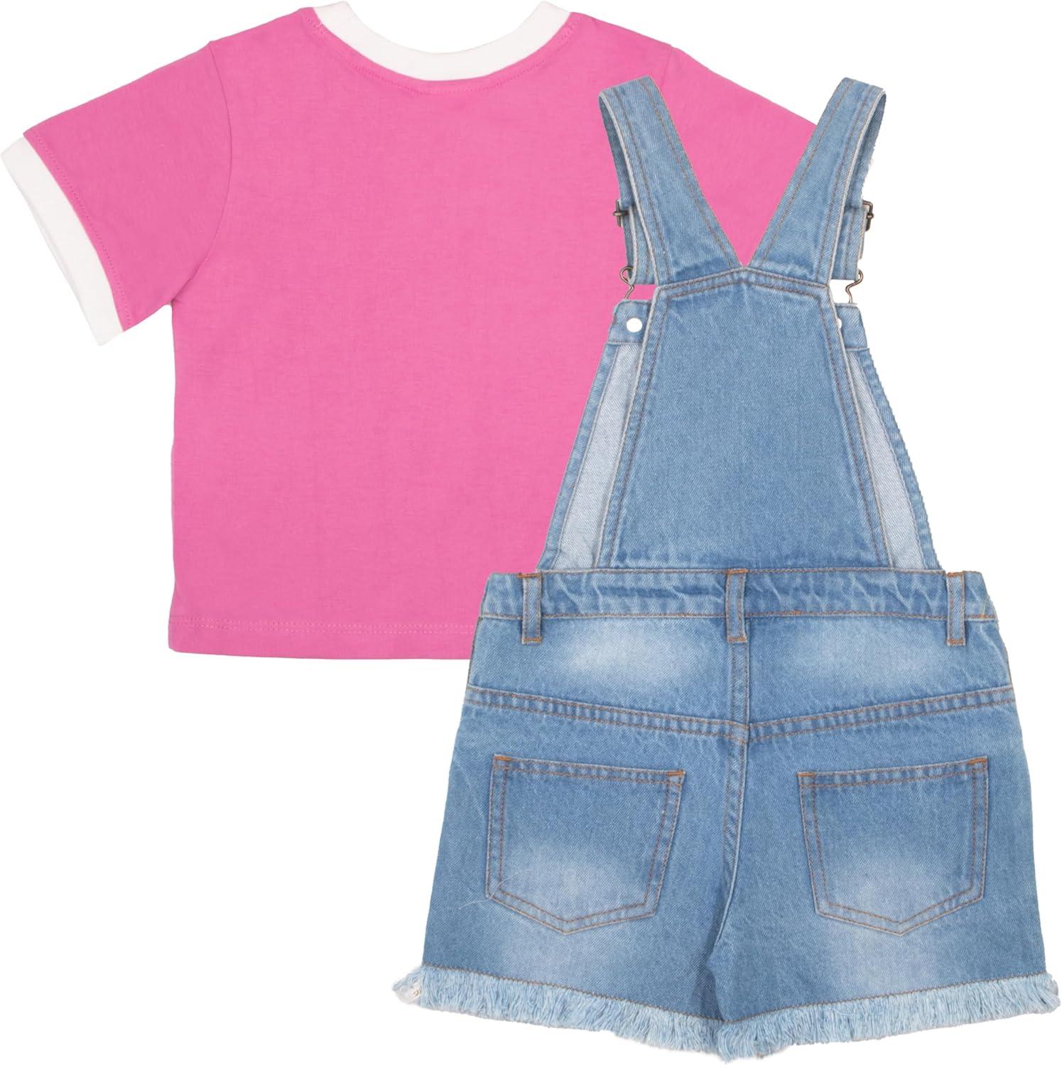 imageBarbie Girls Crewneck TShirt and Denim Short Overalls 2Piece Set Pink Convertible Tee and Jean Shortalls for KidsPink and Blue