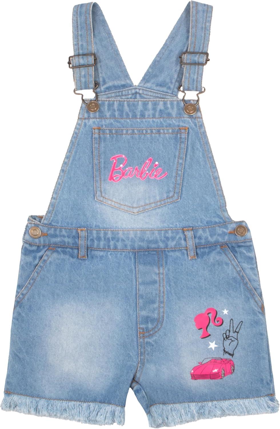 imageBarbie Girls Crewneck TShirt and Denim Short Overalls 2Piece Set Pink Convertible Tee and Jean Shortalls for KidsPink and Blue