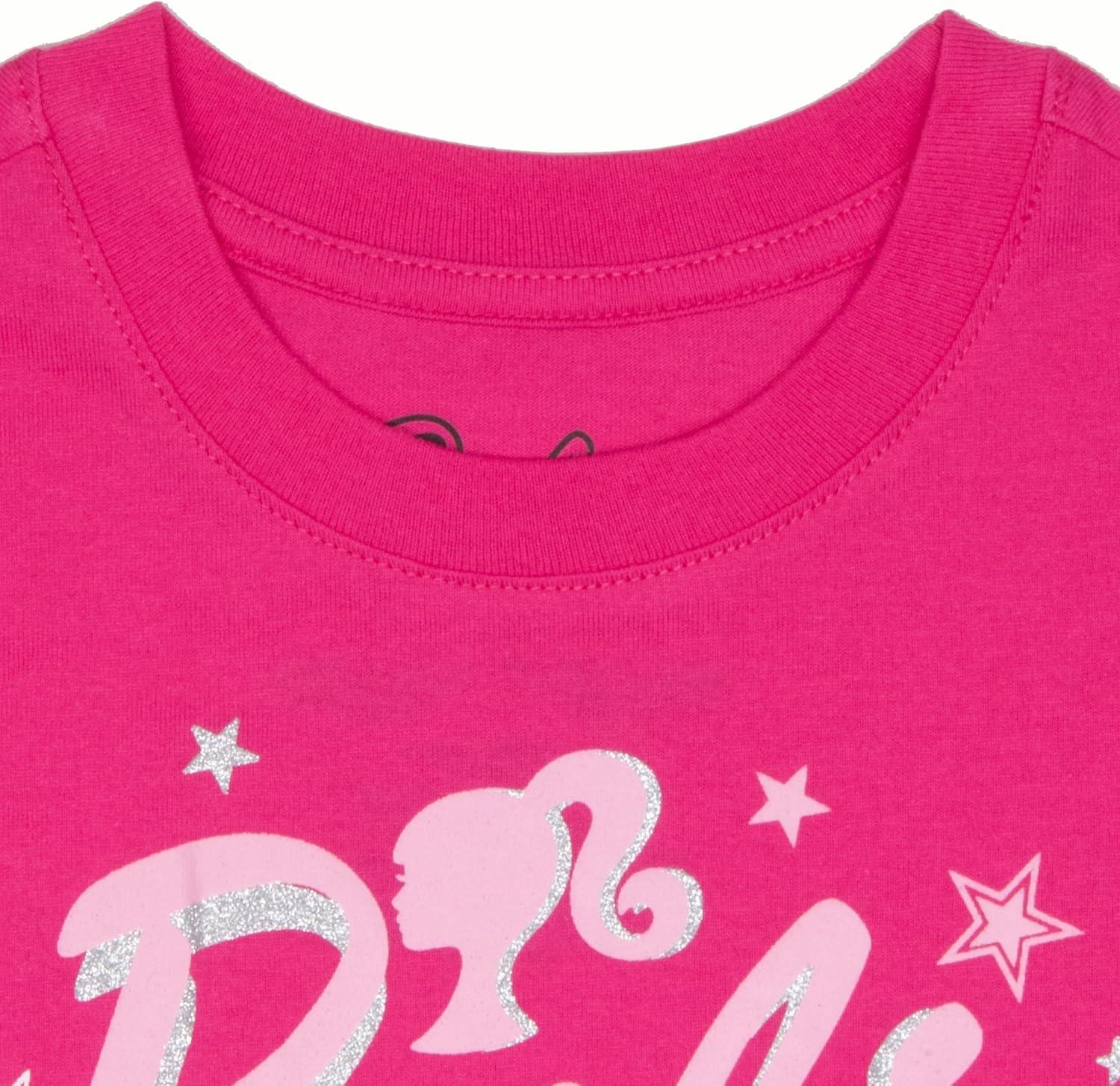 imageBarbie Girls Short Sleeve Sparkle Tutu Dress Logo Glitter Print Dress with Tulle Skirt for KidsPink