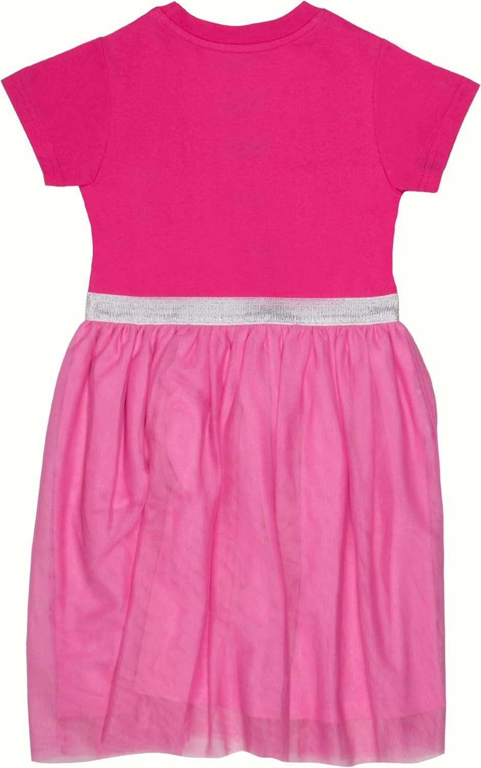 imageBarbie Girls Short Sleeve Sparkle Tutu Dress Logo Glitter Print Dress with Tulle Skirt for KidsPink