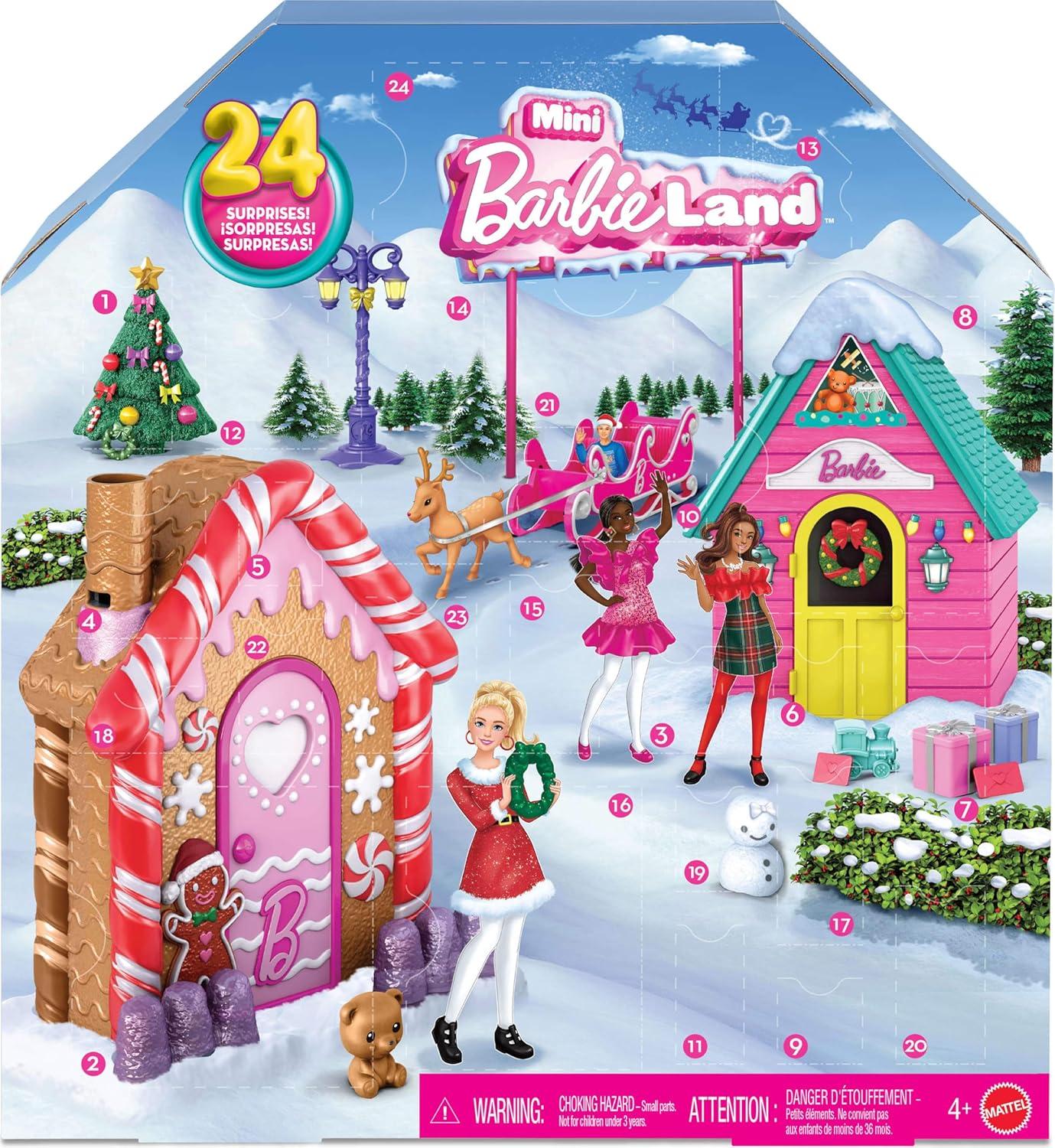 imageBarbie Mini Land Collectible Advent Calendar with 15Inch Dolls ampamp 24 Days of Surprises Winter Village Play Areas for Storytelling FunMini Barbieland