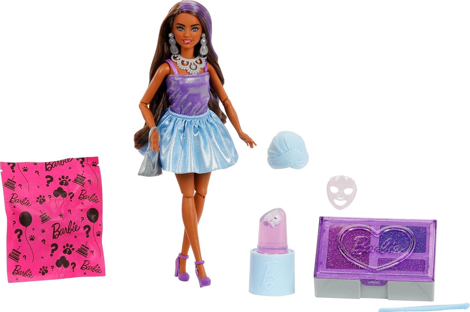imageBarbie Party Unboxed Doll ampamp Accessories Glam Party Series with 10 Surprises Including ColorChange Red Sparkle DollPurple