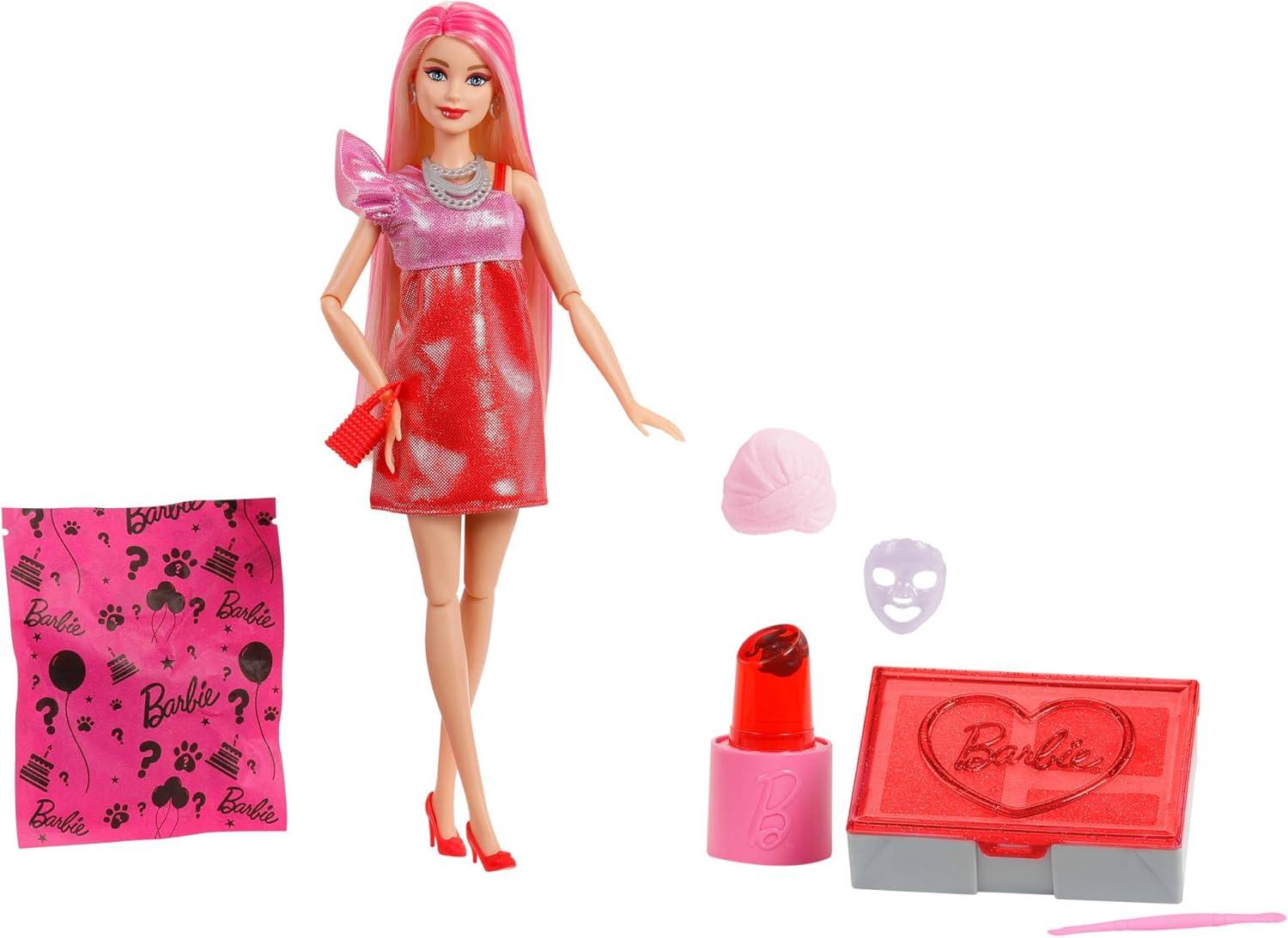 imageBarbie Party Unboxed Doll ampamp Accessories Glam Party Series with 10 Surprises Including ColorChange Red Sparkle DollRed