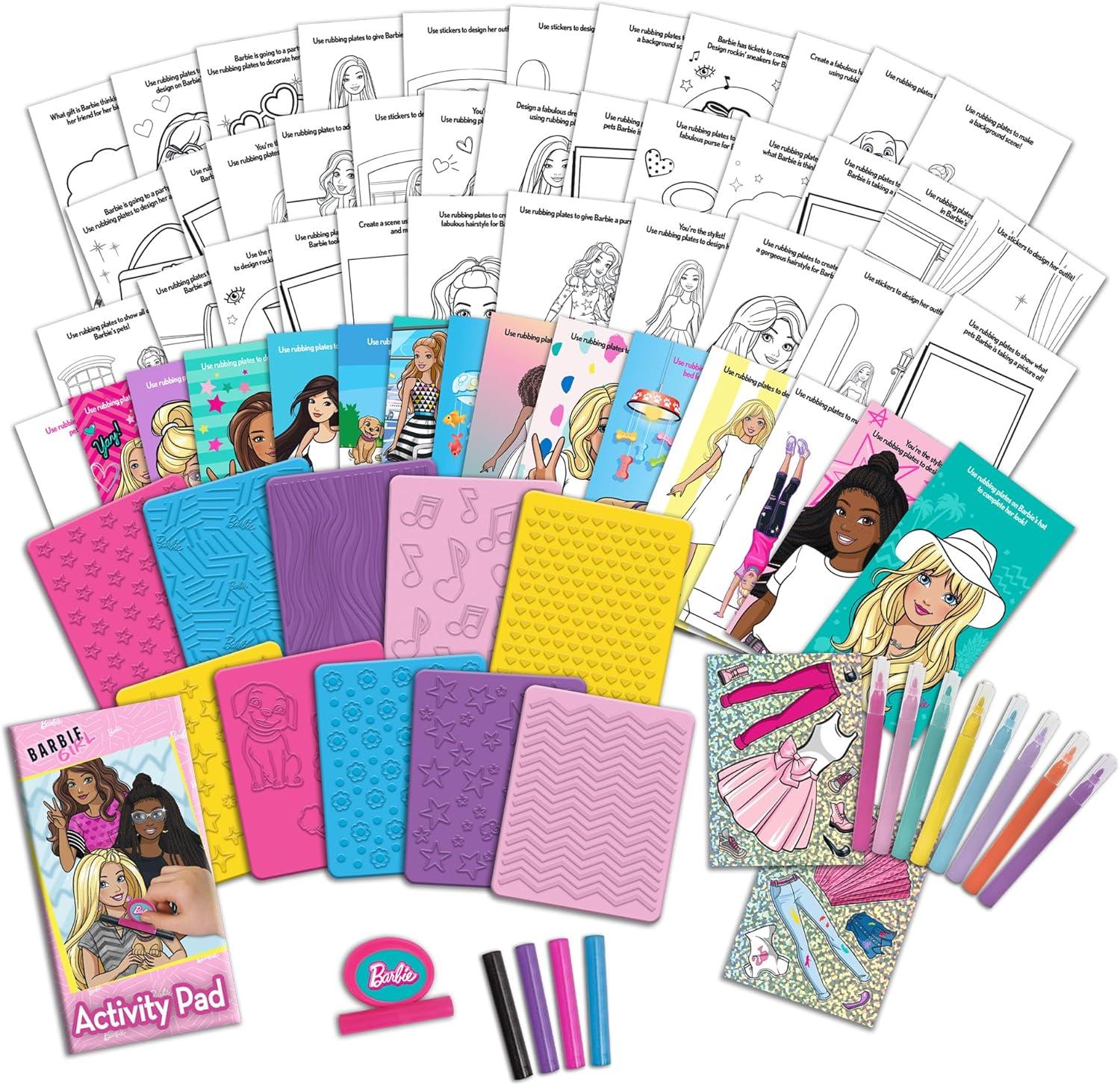 imageBarbie Rubbing Plates Set Art Activity Kit for Girls with Texture Plates Crayons ampamp Paper Create Mix and Match Fashion Outfits with Classic Barbie Designs Ages 3