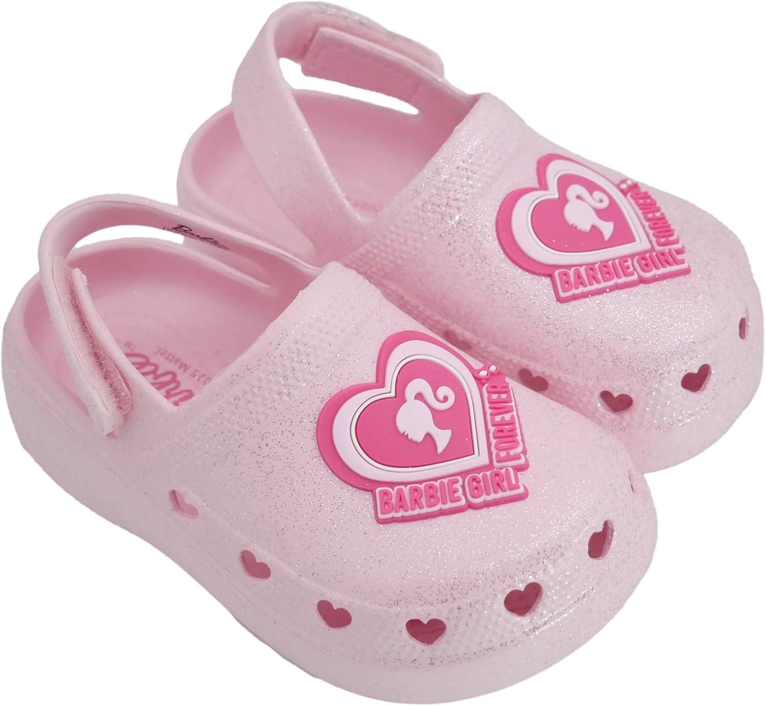 imageBarbie Toddler Girls Lightweight SlipOn Clogs  Adjustable Strap Summer Shoes for Kids  WaterFriendly Play SandalsLight Pink Glitter WBarbie Heart Patch