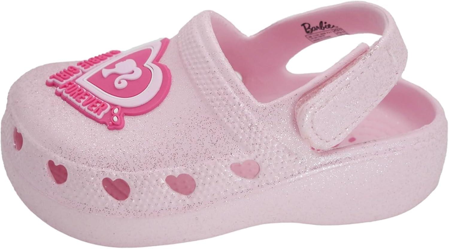 imageBarbie Toddler Girls Lightweight SlipOn Clogs  Adjustable Strap Summer Shoes for Kids  WaterFriendly Play SandalsLight Pink Glitter WBarbie Heart Patch