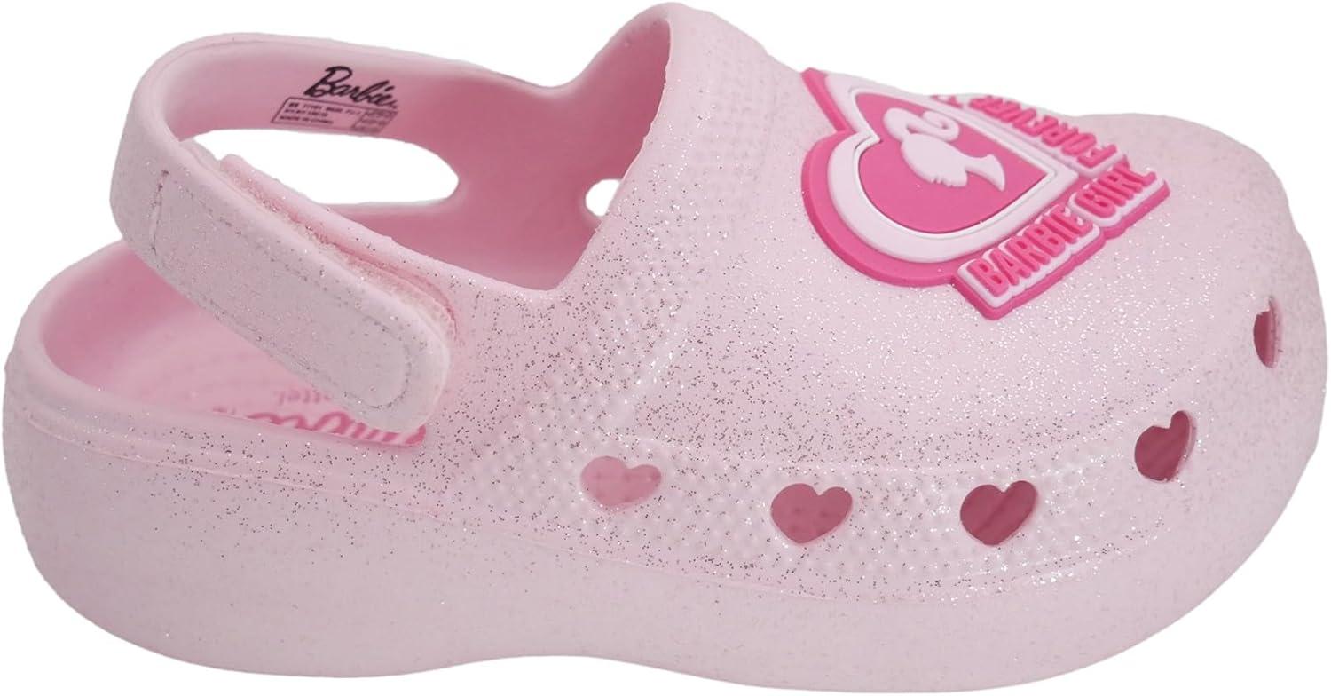 imageBarbie Toddler Girls Lightweight SlipOn Clogs  Adjustable Strap Summer Shoes for Kids  WaterFriendly Play SandalsLight Pink Glitter WBarbie Heart Patch