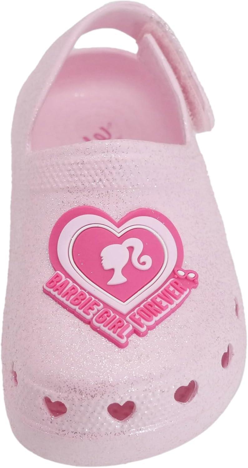 imageBarbie Toddler Girls Lightweight SlipOn Clogs  Adjustable Strap Summer Shoes for Kids  WaterFriendly Play SandalsLight Pink Glitter WBarbie Heart Patch
