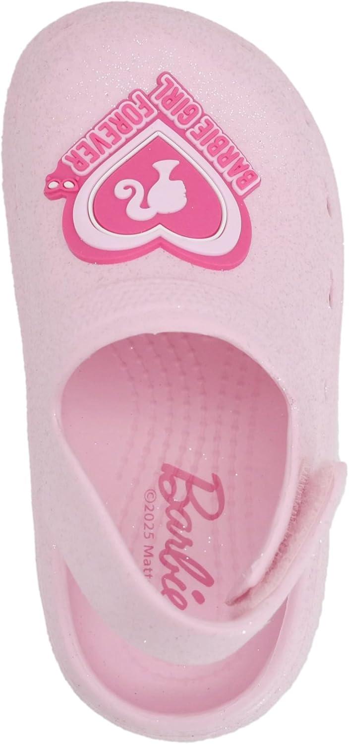 imageBarbie Toddler Girls Lightweight SlipOn Clogs  Adjustable Strap Summer Shoes for Kids  WaterFriendly Play SandalsLight Pink Glitter WBarbie Heart Patch