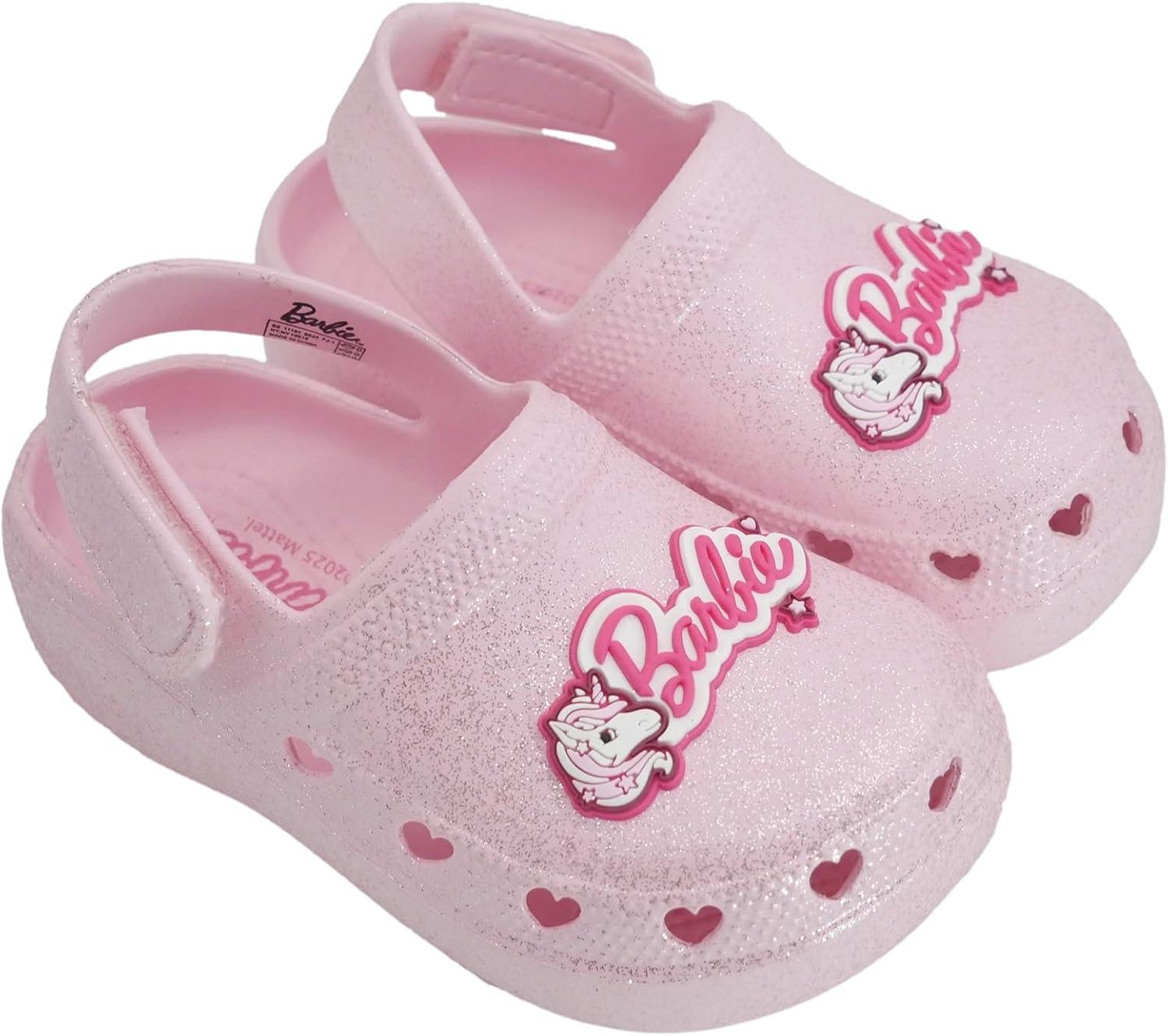 imageBarbie Toddler Girls Lightweight SlipOn Clogs  Adjustable Strap Summer Shoes for Kids  WaterFriendly Play SandalsLight Pink Glitter WBarbie Unicorn Patch