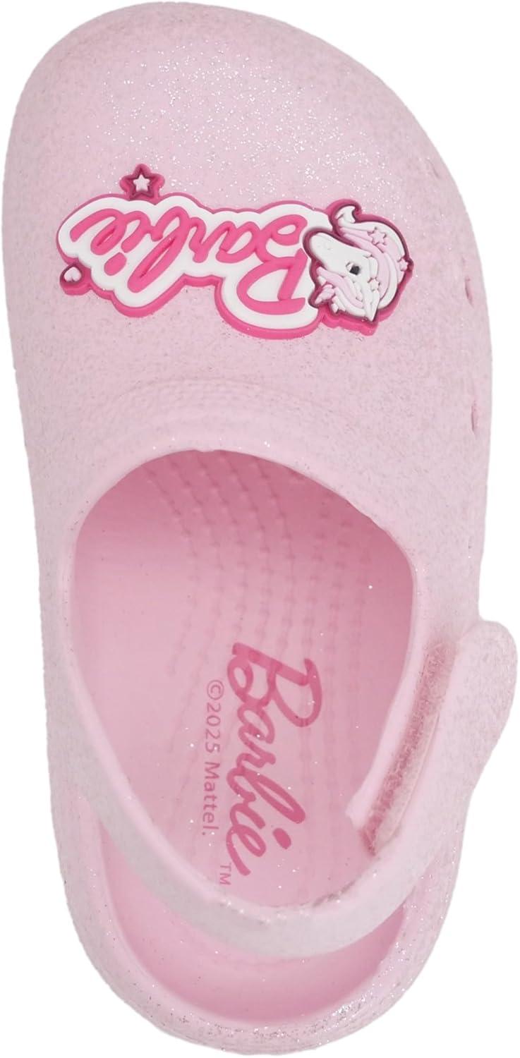 imageBarbie Toddler Girls Lightweight SlipOn Clogs  Adjustable Strap Summer Shoes for Kids  WaterFriendly Play SandalsLight Pink Glitter WBarbie Unicorn Patch