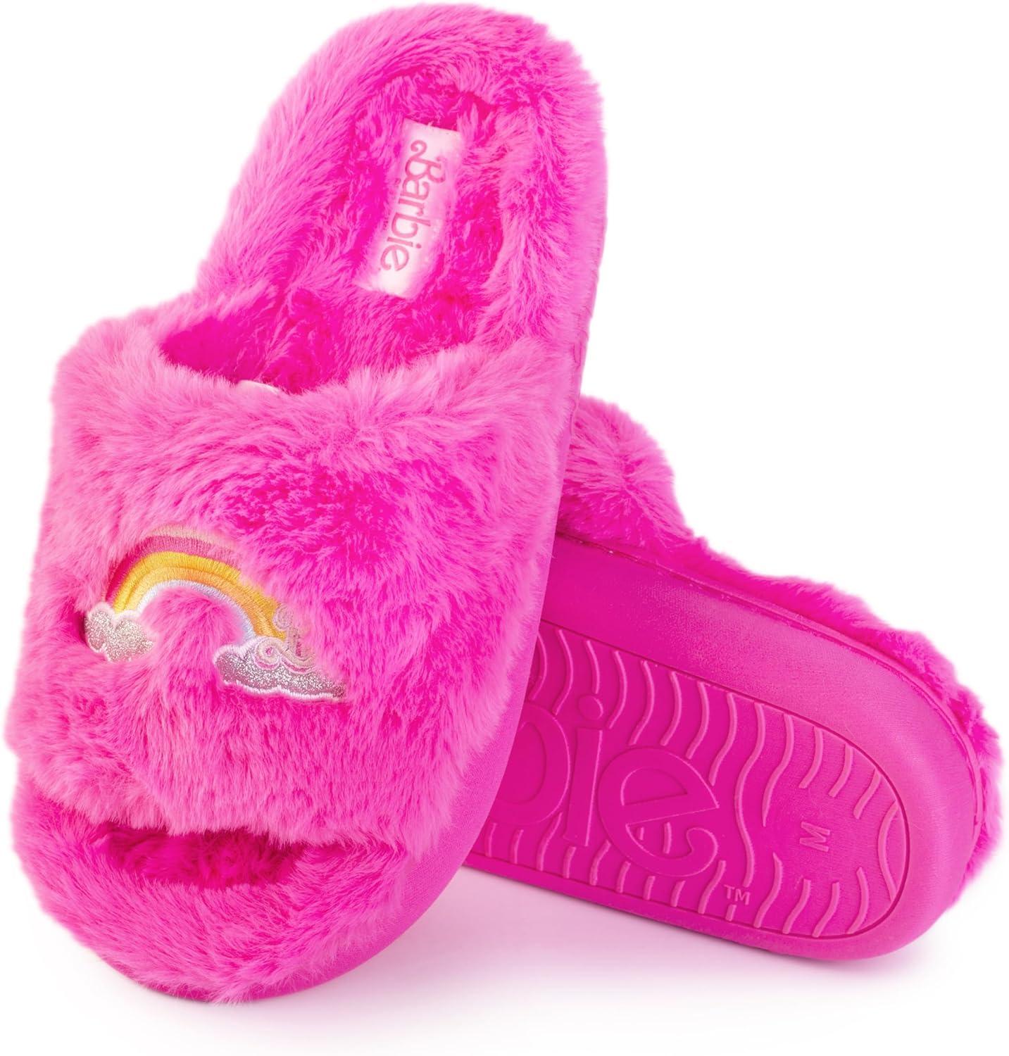imageBarbie womens Cozy Xband ampamp Open Toe Faux Fur Memory Foam Indoor Outdoor Soled Slipper XsxlDouble Rainbow