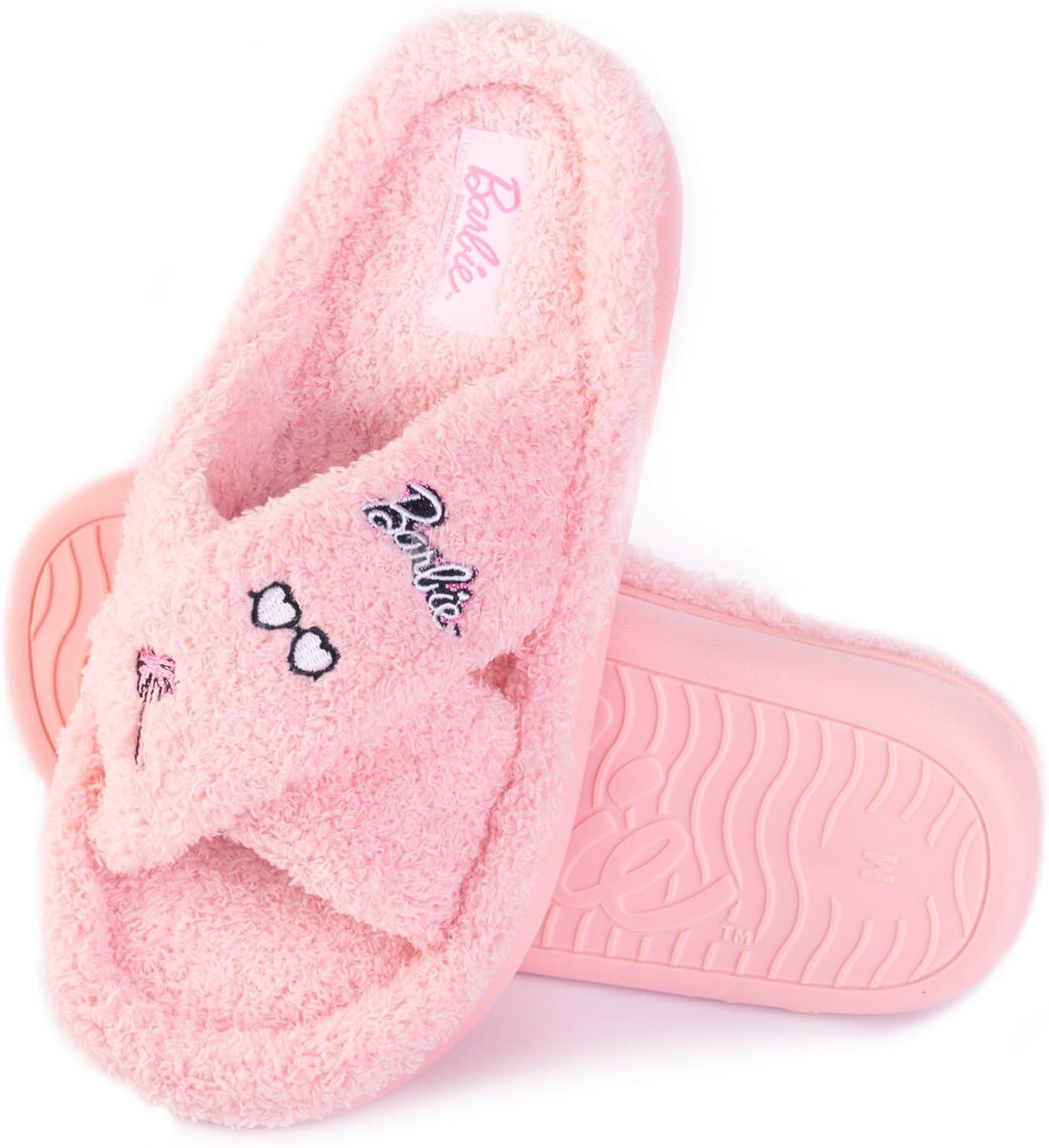 imageBarbie womens Cozy Xband ampamp Open Toe Faux Fur Memory Foam Indoor Outdoor Soled Slipper XsxlPink Xband