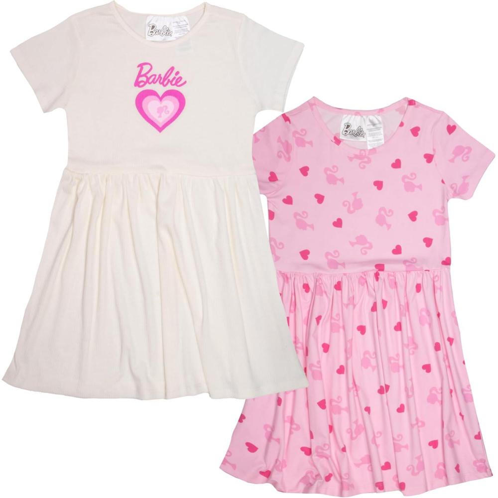 imageBarbie Girls Casual Stretch Dress 2Pack Graphic Print Logo  Set of Short Sleeve Summer Dresses for KidsCreamLight Pink