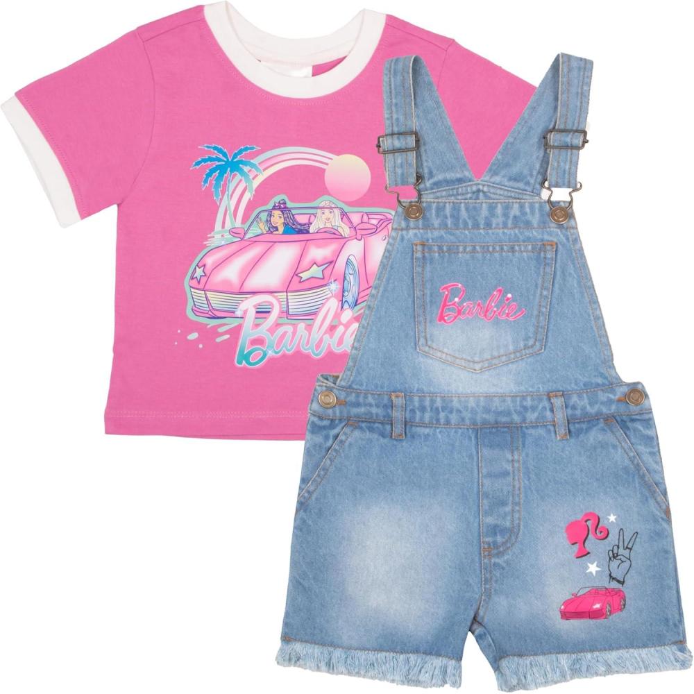imageBarbie Girls Crewneck TShirt and Denim Short Overalls 2Piece Set Pink Convertible Tee and Jean Shortalls for KidsPink and Blue