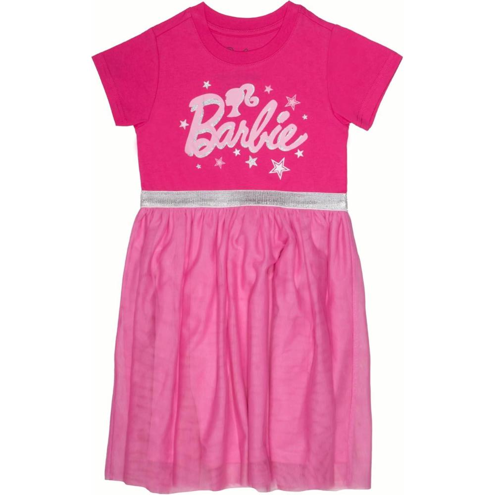 imageBarbie Girls Short Sleeve Sparkle Tutu Dress Logo Glitter Print Dress with Tulle Skirt for KidsPink
