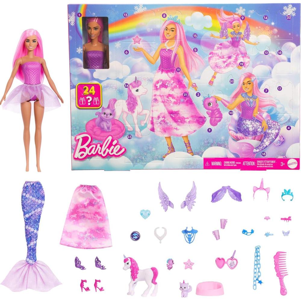 imageBarbie Mini Land Collectible Advent Calendar with 15Inch Dolls ampamp 24 Days of Surprises Winter Village Play Areas for Storytelling FunFantasy