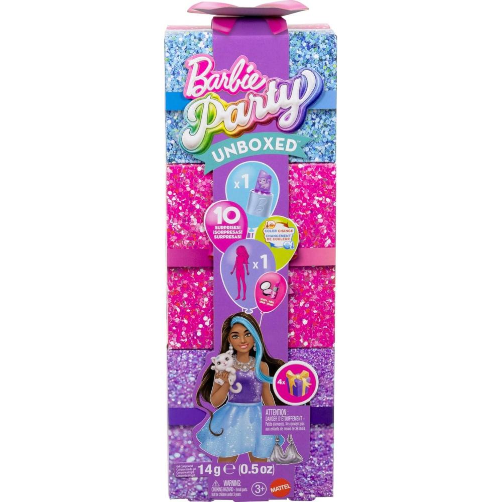 imageBarbie Party Unboxed Doll ampamp Accessories Glam Party Series with 10 Surprises Including ColorChange Red Sparkle DollPurple
