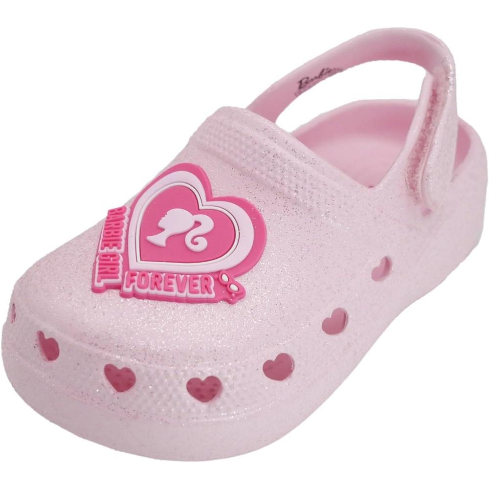 imageBarbie Toddler Girls Lightweight SlipOn Clogs  Adjustable Strap Summer Shoes for Kids  WaterFriendly Play SandalsLight Pink Glitter WBarbie Heart Patch