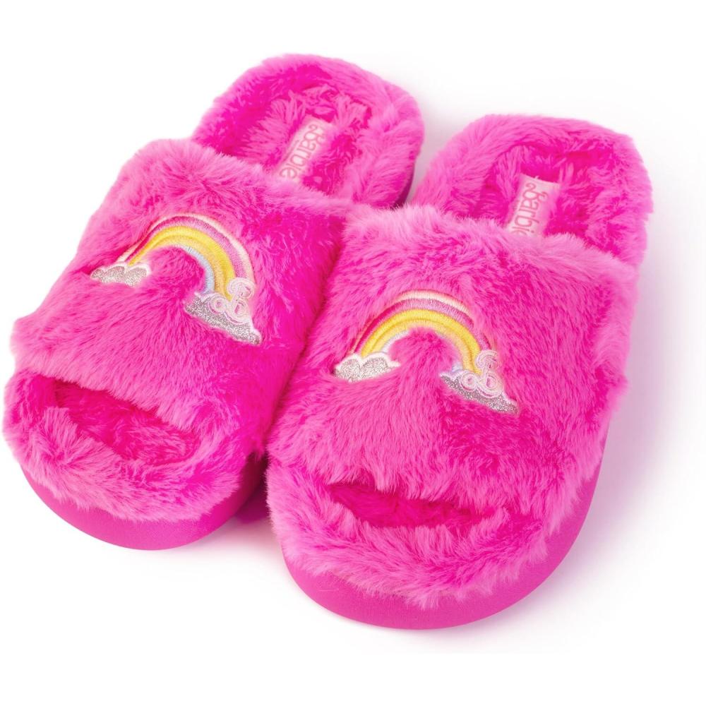 imageBarbie womens Cozy Xband ampamp Open Toe Faux Fur Memory Foam Indoor Outdoor Soled Slipper XsxlDouble Rainbow