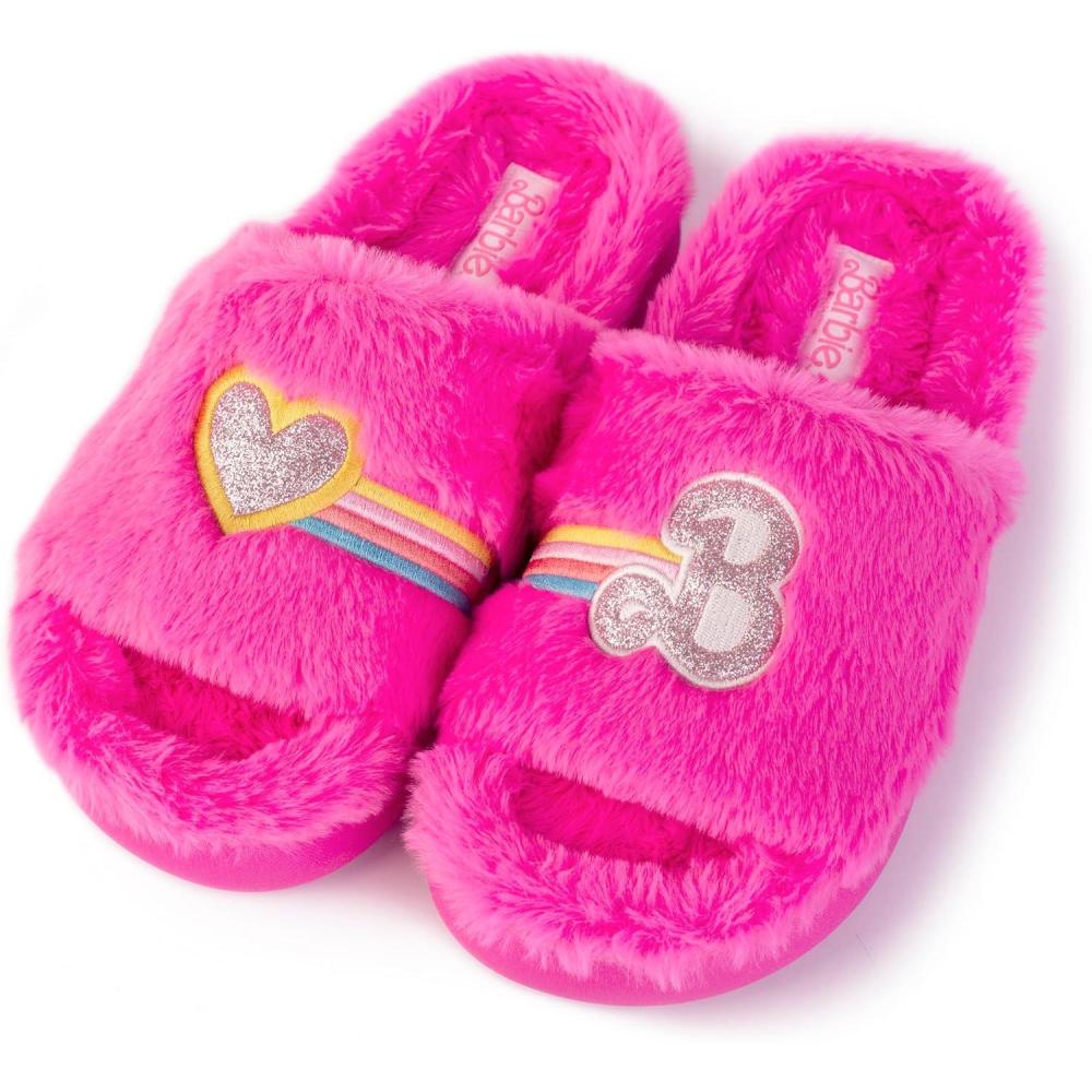 imageBarbie womens Cozy Xband ampamp Open Toe Faux Fur Memory Foam Indoor Outdoor Soled Slipper XsxlHeart Rainbow B