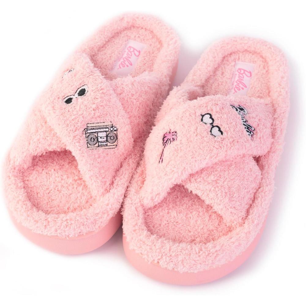 imageBarbie womens Cozy Xband ampamp Open Toe Faux Fur Memory Foam Indoor Outdoor Soled Slipper XsxlPink Xband