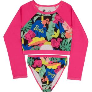 imageBarbie Girls 2Piece Swimsuit Set Cropped LongSleeved Rash Guard and Bikini Bottoms QuickDrying Swimwear for KidsPink Floral