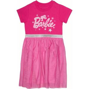 imageBarbie Girls Short Sleeve Sparkle Tutu Dress Logo Glitter Print Dress with Tulle Skirt for KidsPink