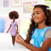 imageBarbie Fashionistas Doll 247 with Curly Black Hair Pink and Green Striped Collared Dress with Accessories Like Orange Watch and White Sneakers