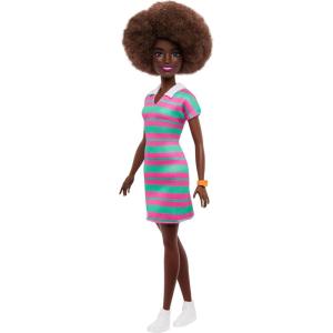 imageBarbie Fashionistas Doll 247 with Curly Black Hair Pink and Green Striped Collared Dress with Accessories Like Orange Watch and White Sneakers