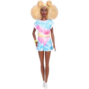imageBarbie Fashionistas Doll Tall Blonde Afro with Side Puffs Tiedye Romper Sneakers Yellow Bracelet Toy for Kids 3 to 8 Years Old