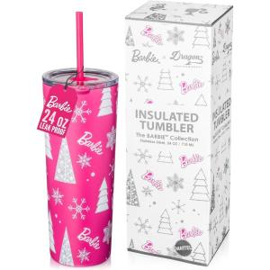 imageDragon Glassware x Barbie Vacuum Insulated Tumbler with Lid and Straw  24 oz Tumbler Cup with 2 Straws  Stainless Steel Tumbler with Straw for Water Iced Tea  Travel Coffee Tumbler  Love Out LoudBarbie  Pink Christmas