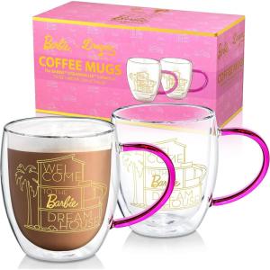 imageDragon Glassware x Barbie Double Walled Glass Coffee Mugs  16 oz Set of 2 Glass Coffee Cups to Keep Beverages Hot or Cold Longer  Barbie Dreamhouse Collection  Clear Mug with Pink HandleBarbie Dreamhouse