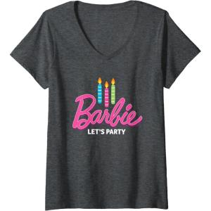 imageWomens Barbie  Birthday Lets Party Candles VNeck TShirtDark Heather Grey