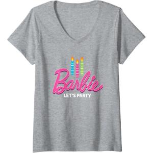 imageWomens Barbie  Birthday Lets Party Candles VNeck TShirtHeather Grey