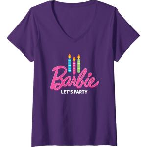 imageWomens Barbie  Birthday Lets Party Candles VNeck TShirtPurple